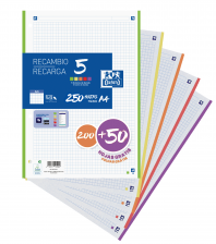 OXFORD SCHOOL A4 Recambio Paquete con 5 colores de banda VIVOS 5x5 Promoción 200+50 Hojas SCRIBZEE