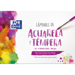 OXFORD PINTURA ESCOLAR Sobre de láminas de Acuarela y Témpera A3 6 Hojas 300gr Liso