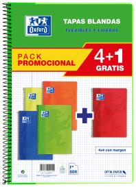 OXFORD SCHOOL CLASSIC PACK 4+1 Cuaderno Espiral Fº Tapa Blanda 4X4 con margen 80 Hojas COLORES VIVOS