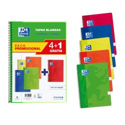 OXFORD SCHOOL CLASSIC PACK 4+1 Cuaderno Espiral Fº Tapa Blanda 4X4 con margen 80 Hojas COLORES VIVOS