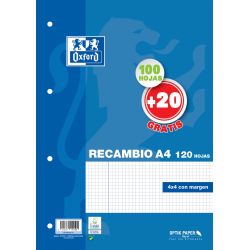 OXFORD SCHOOL CLASSIC A4 Recambio paquete 4x4 con margen 100 Hojas + 20 Hojas gratis