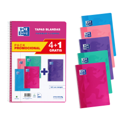 OXFORD SCHOOL CLASSIC PACK 4+1 Cuaderno Espiral Fº Tapa Blanda 4X4 con margen 80 Hojas COLORES TENDENCIA