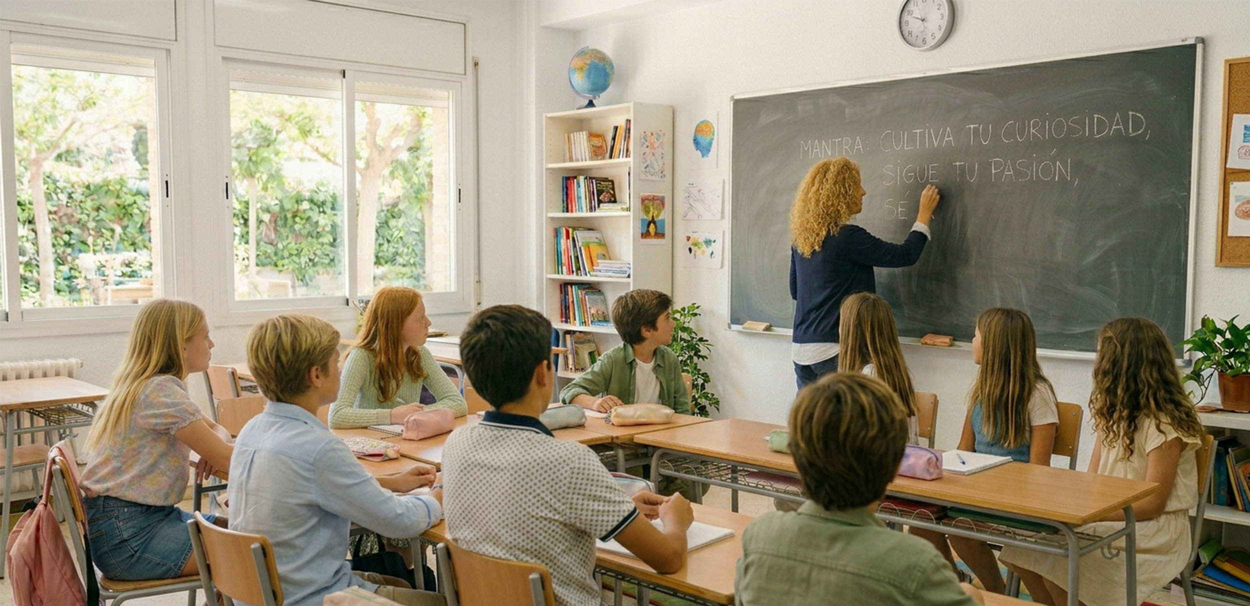 Profesora escribiendo una frase motivadora para alumnos en la pizarra de un aula escolar.