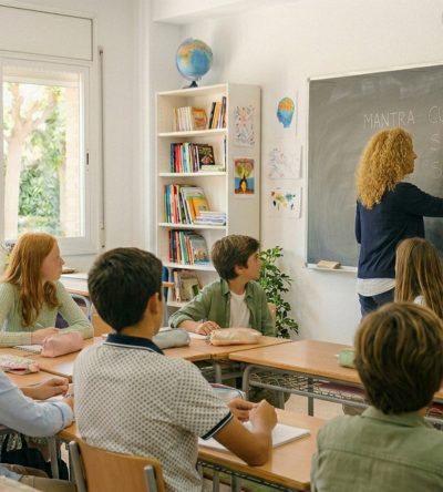 Profesora escribiendo una frase motivadora para alumnos en la pizarra de un aula escolar.